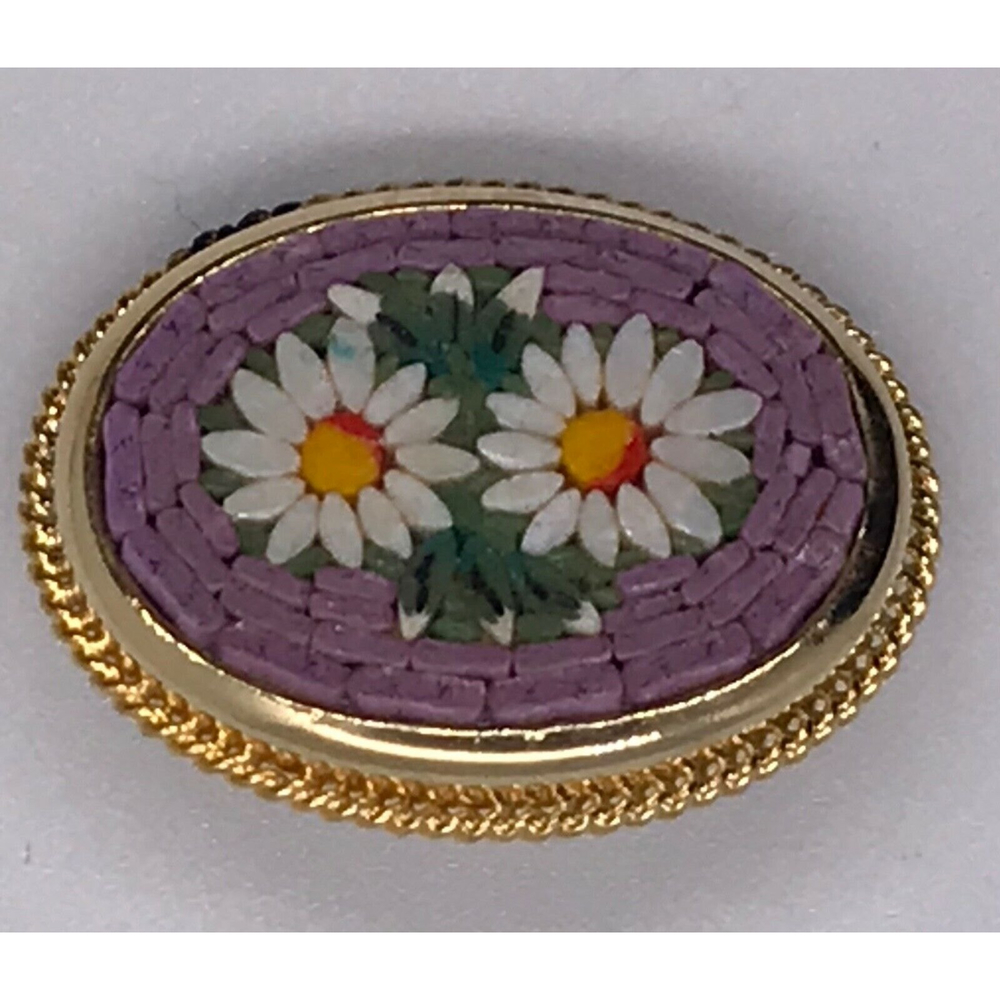 VTG Italy 1” Traditional Craft Micro Mosaic Oval Brooch Pin Daisies/Gold Tone